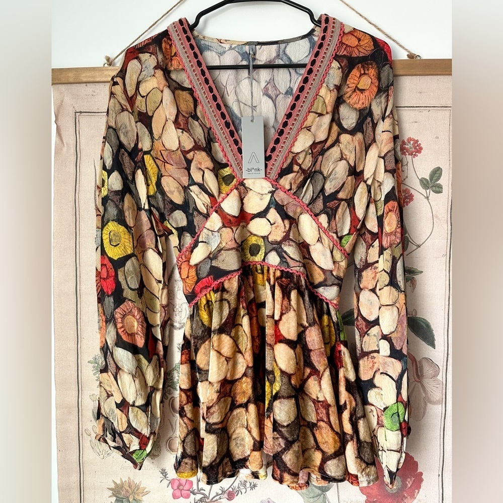 NWT Bl^nk Anthropologie Henslowe Embroidered Velvet Top Blouse Brown Multi XS
